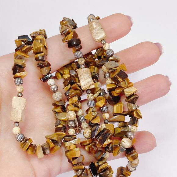 VTG Signed Relios Sterling Silver Tiger’s Eye Jasper Southwestern Necklace Boho - Picture 3 of 11